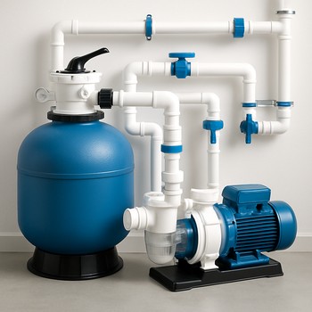 Havuz pompası ve filtre sisteminin yan yana görüldüğü teknik alan