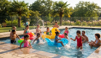 Çocukların havuzda oynadığı ve ebeveynin kenarda izlediği sahne