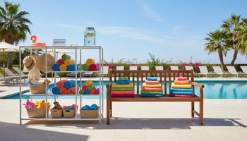 Havlu ve bornozların düzenli asıldığı bank ve askı sistemi