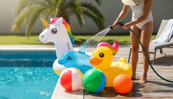 Havuz oyuncaklarının hortumla durulandığı köşe