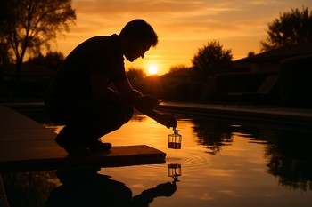 Akşam saatlerinde havuz kenarında suyu kontrol eden kişi