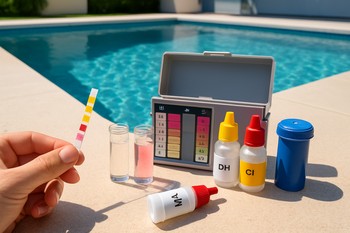 Havuz kenarında renkli test şeritleri ve su örnekleri ile hazırlanan bakım kiti