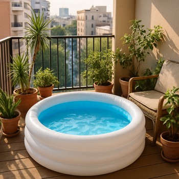 Balkonda hazırlanmış küçük havuz bakım köşesi ve saklama kutuları