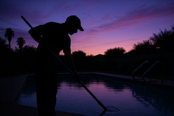 Gün batımında havuz kenarında suyu kontrol eden kişi