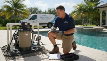 Teknisyenin havuz ekipmanlarını kontrol ettiği sahne