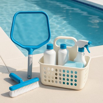 Havuz filesi ve günlük temizlik araçlarının bulunduğu küçük set
