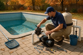 Sezon sonunda boşaltılan havuz ve kontrol edilen ekipmanlar