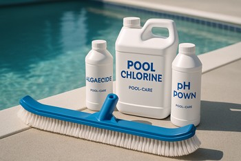 Havuz duvarı fırçası ve temizlik kimyasalları ile yapılan haftalık bakım