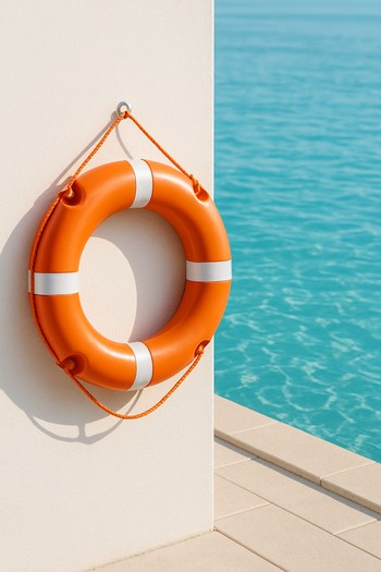 Havuz kenarında duvara asılı turuncu can simidi ve uyarı tabelası