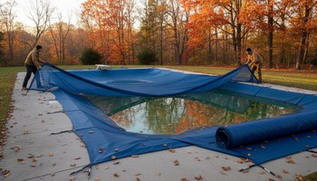 Sezon sonunda havuz üzerine koruyucu örtü seren iki kişi