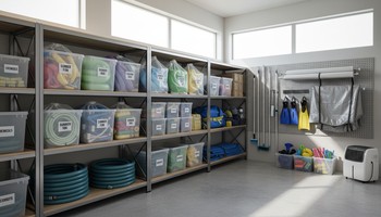 Kuru depoda düzenli şekilde saklanan havuz ekipmanları ve kutular