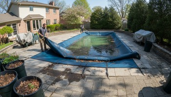 Sezon başında havuz çevresinde genel temizlik yapan kişi