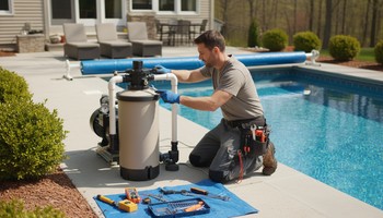 Pompa ve filtre bağlantılarını kontrol eden havuz bakım görevlisi