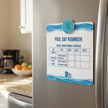 Mıknatıslı havuz bakım kartının buzdolabı üzerinde asılı görünümü