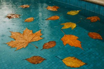 Yağmur sonrası havuz yüzeyindeki yaprak ve kalıntılar