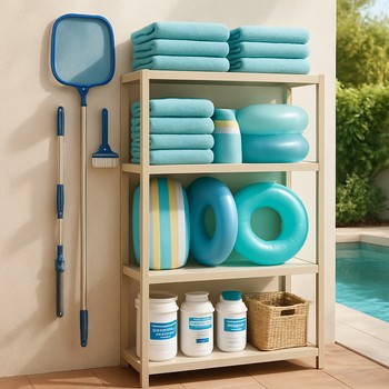 Havuz kenarında kurulmuş küçük saklama ve havlu köşesinin detayı