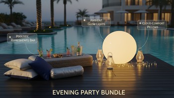 Akşam saatlerinde ışıklarla süslenmiş havuz başı davet alanı