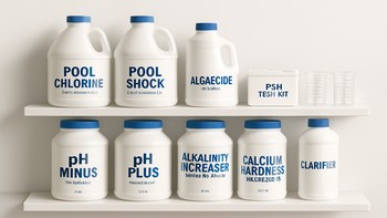 Raf üzerinde düzenli şekilde dizilmiş havuz bakım kimyasalları ve test kitleri