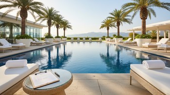 Havuz alanının üstten görünümü ve farklı zonlara ayrılmış düzen