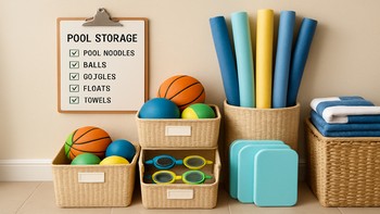 Havuz kenarında düzenli saklama köşesi ve askı sistemi