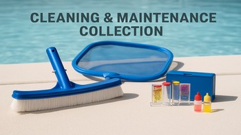 Havuz bakım fırçaları, fileler ve test kitlerinden oluşan koleksiyon