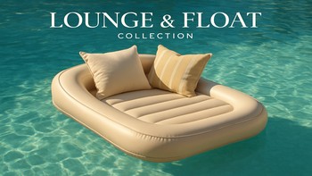 Havuz kenarında şişme lounge ürünleri ve yumuşak minderlerden oluşan koleksiyon