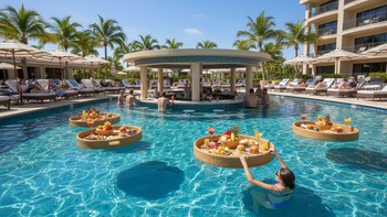 Havuz barı ve gündüz vakti misafirlerin bulunduğu butik otel sahnesi