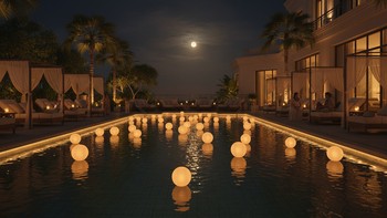 Gece fenerlerle aydınlatılmış butik otel havuz alanı