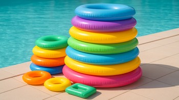 Farklı renk ve boyutlarda havuz simitlerinden oluşan karışık set