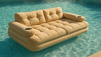 Geniş şişme koltuk ve yanına yerleştirilmiş içecek tutucularından oluşan set