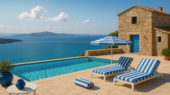 Ege kıyısında zeytin ağaçlarıyla çevrili villa havuzu