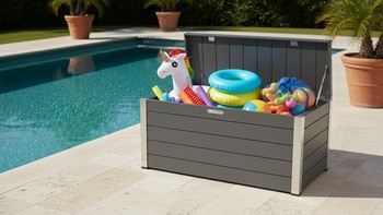 Havuz oyuncakları için kullanılan kapaklı saklama bankı