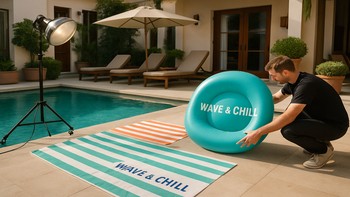 Butik otel havuzunda koleksiyon çekimi hazırlığı yapan ekip