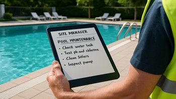 Site yöneticisinin havuz kenarında koleksiyon notları aldığı sahne