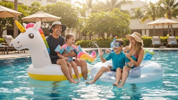 Öğle saatlerinde çocuklu ailelerin kullandığı villa havuzu