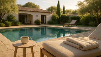 Sabah güneşinde sessiz bir villa havuzu ve şezlonglar