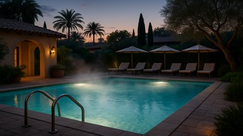 Serin bir gecede hafif buhar çıkan ısıtılmış havuz