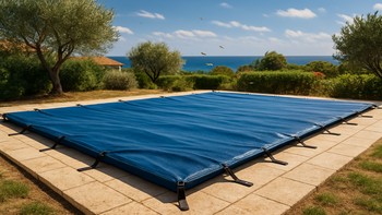 Rüzgarlı havada kullanılan havuz koruma örtüsü ve sabitleme kayışları