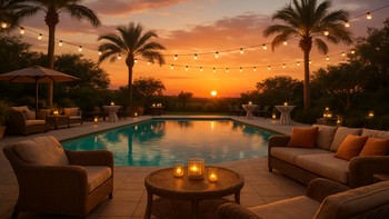 Gün batımında ışıklarla süslenmiş havuz başında arkadaş grubu