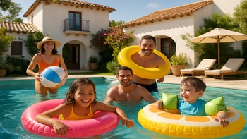 Yazlık villada havuz başında vakit geçiren aile