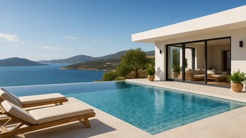 Modern bir villada sonsuzluk havuzu ve şezlonglar