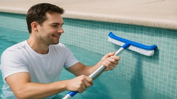 Havuz duvarlarını fırçalayarak temizleyen bakım ekipmanı