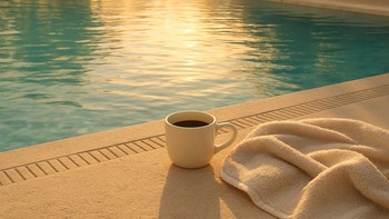 Sabah erken saatlerde havuz kenarında kahve ve havlu