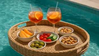 Havuz kenarında atıştırmalık tepsisi ve içecekler