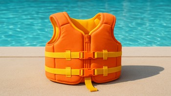 Havuz kenarında turuncu can yeleği giyen çocuk