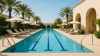 Butik otel için şeritli yüzme havuzu ve şık şezlonglar